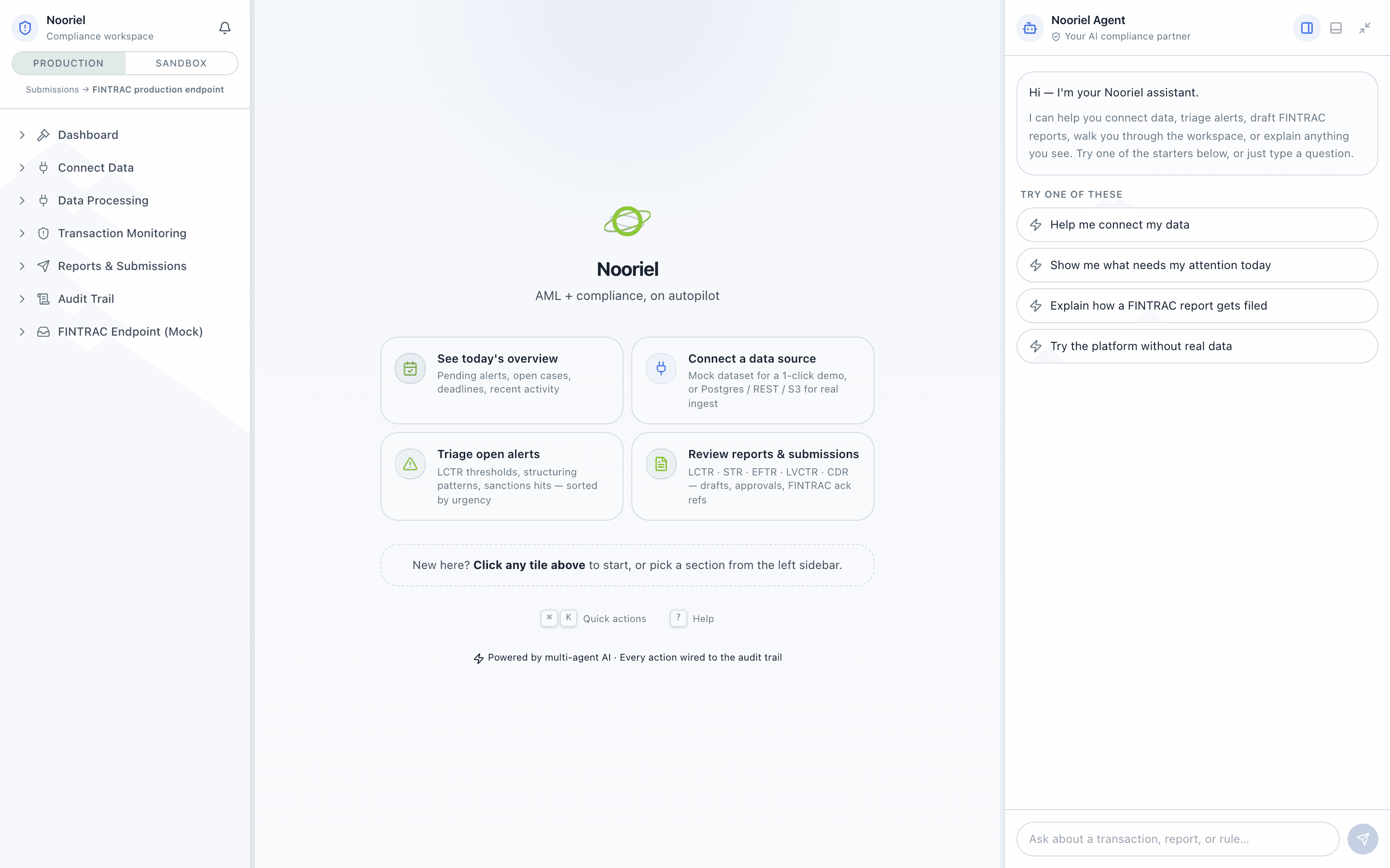 Nooriel compliance workspace — section tree, document viewer, and Gatekeeper Agent rendered side-by-side